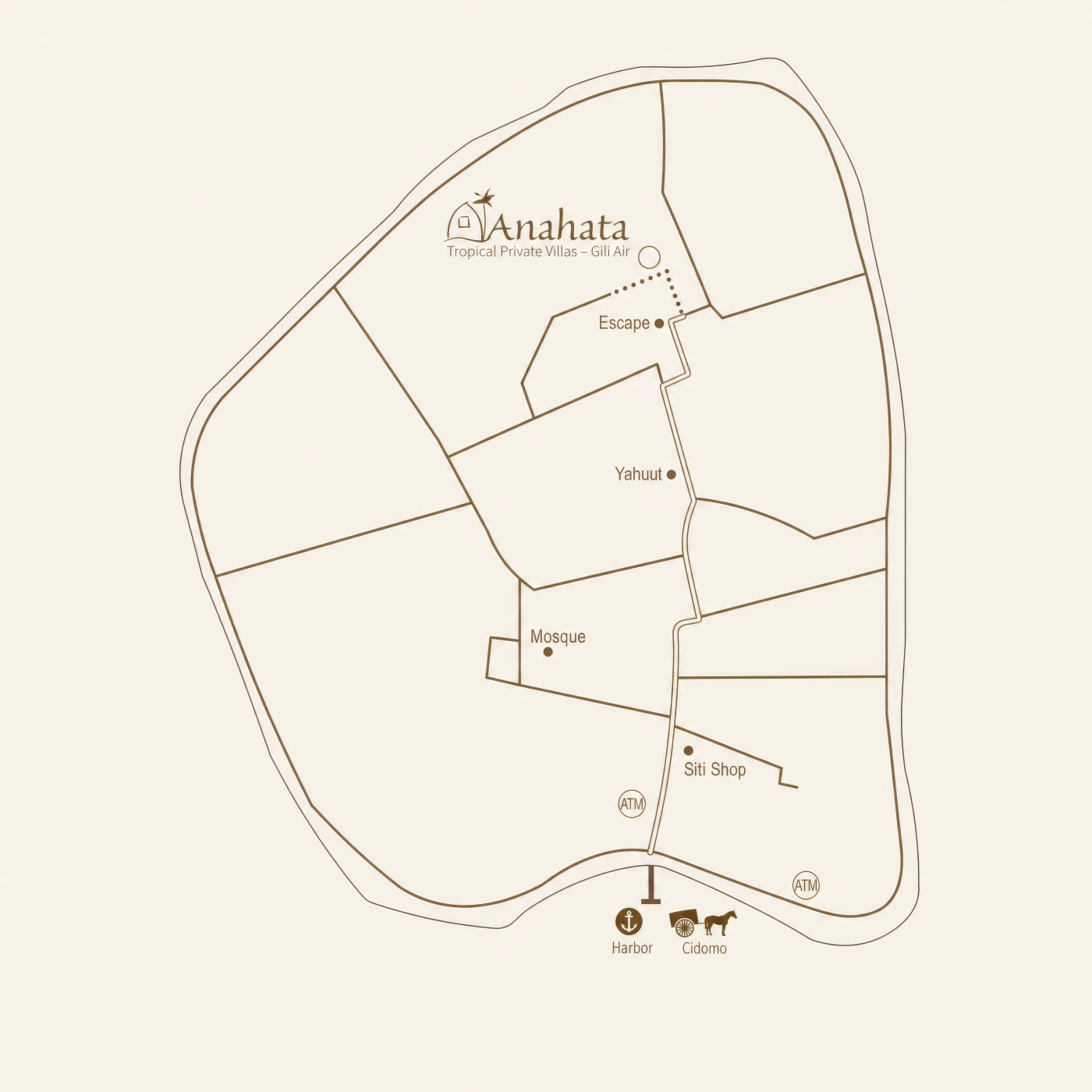 Hand-drawn map of Gili Air: Anahata sits a short walk north of the harbour, past the mosque and Siti Shop